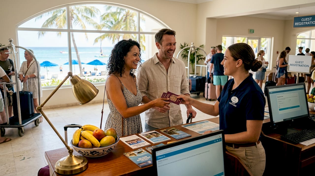 Guests checking in at seaside resort reception