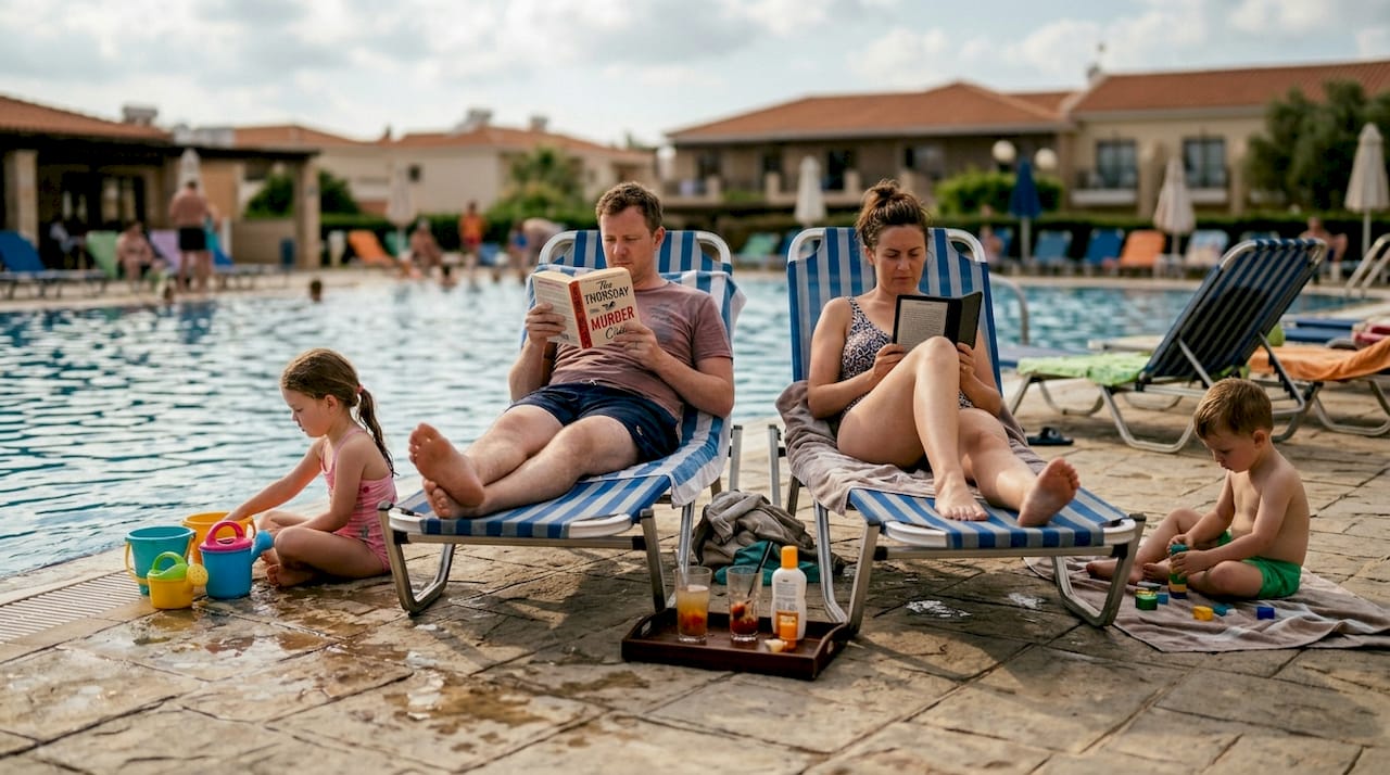 Family enjoying poolside relaxation at resort