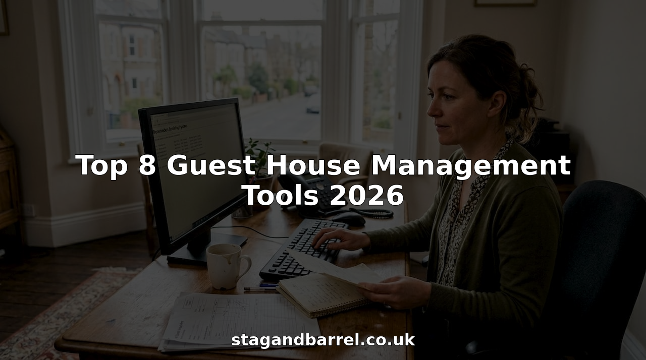 Guest house manager updating bookings at front desk