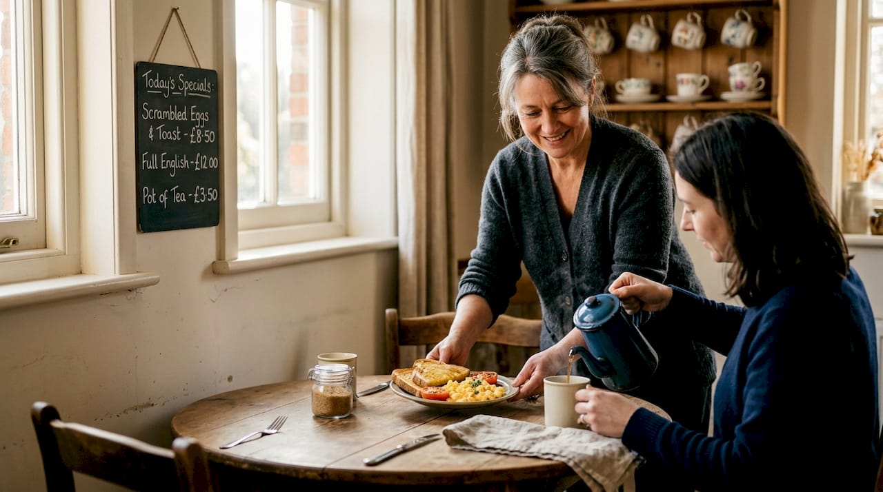 Host serving breakfast in cozy dining room