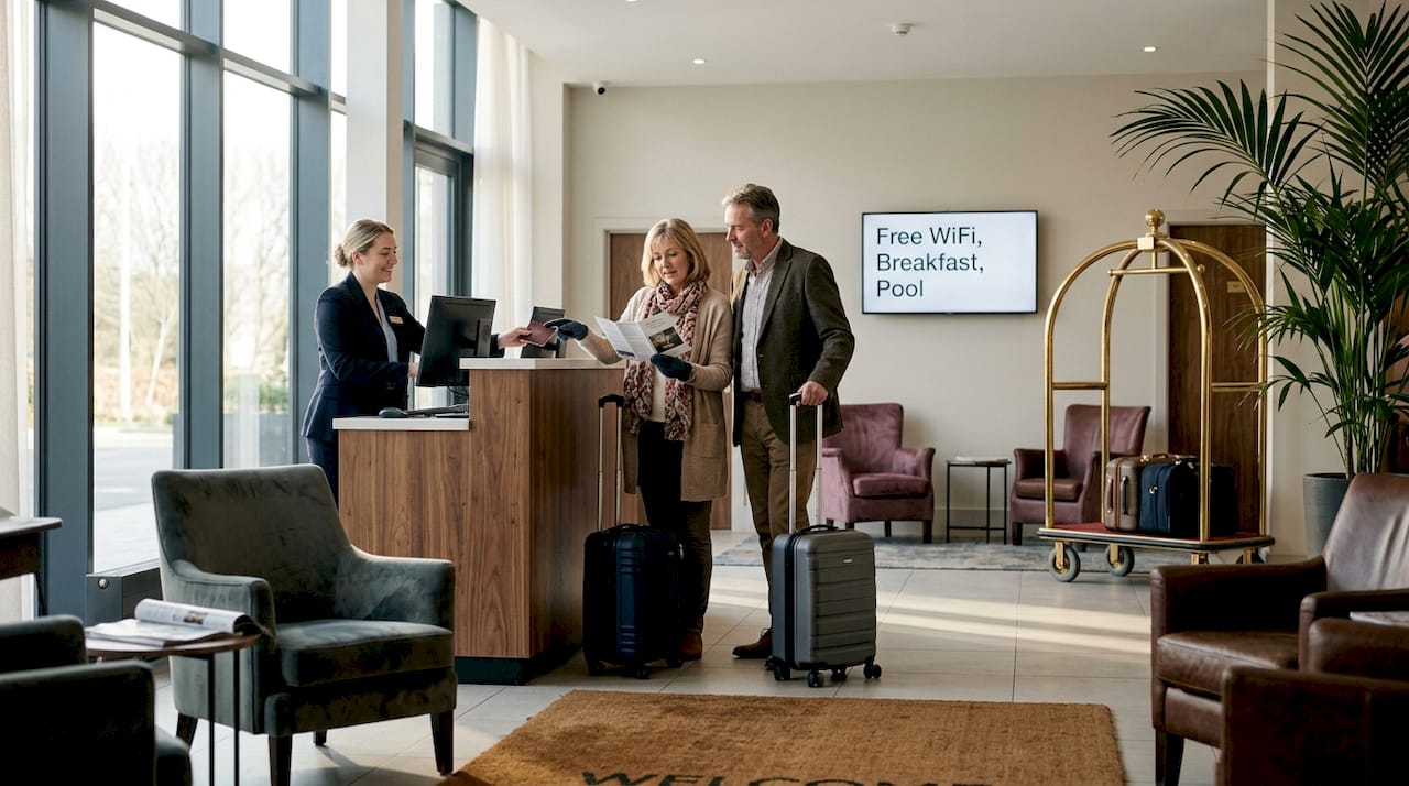 Hotel guests check in at front desk