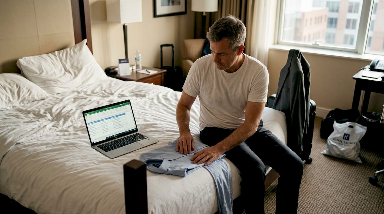 Business traveler prepping in hotel room