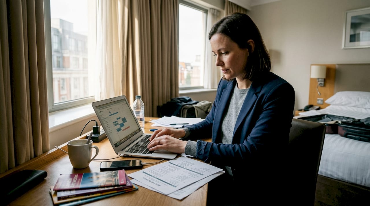 Business traveler working at hotel desk