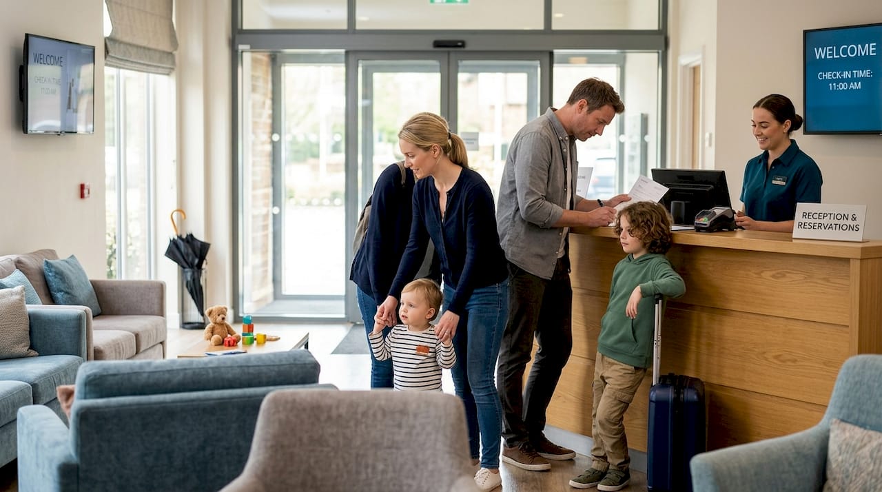Family checks in at hotel lobby with children