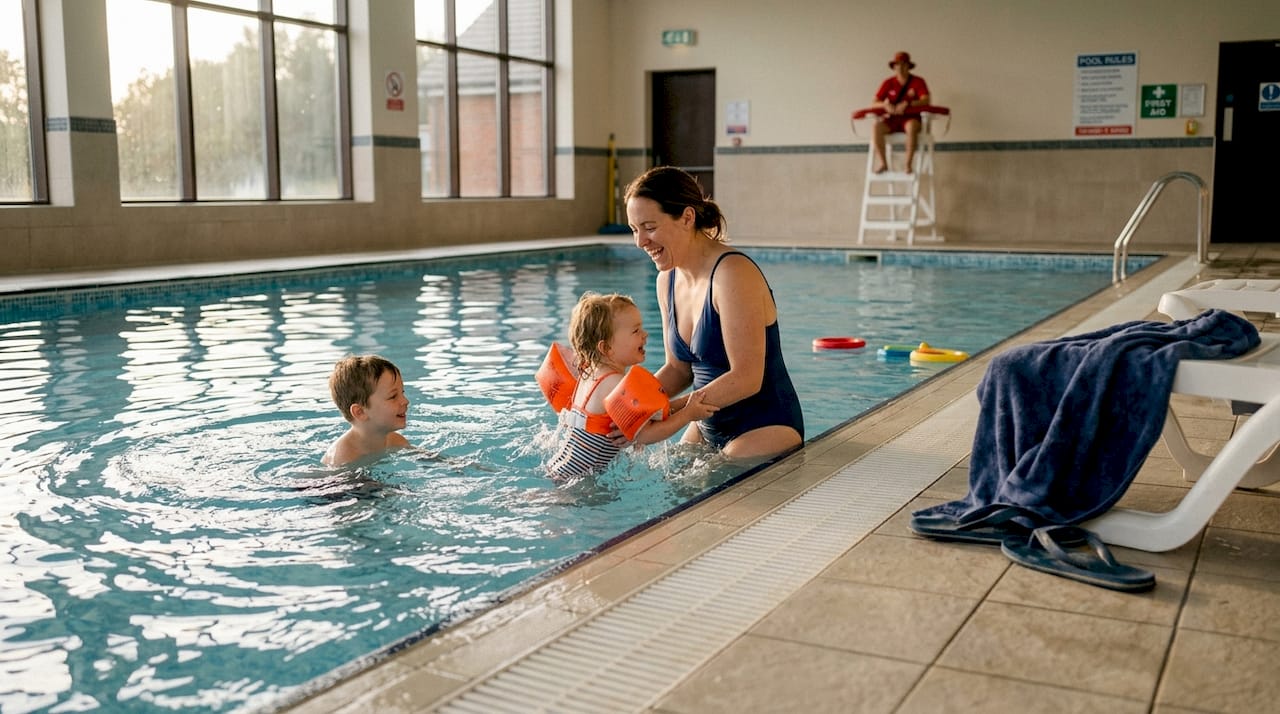 Family plays together in hotel pool