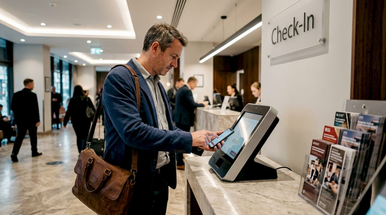 Businessman using mobile to check in at hotel