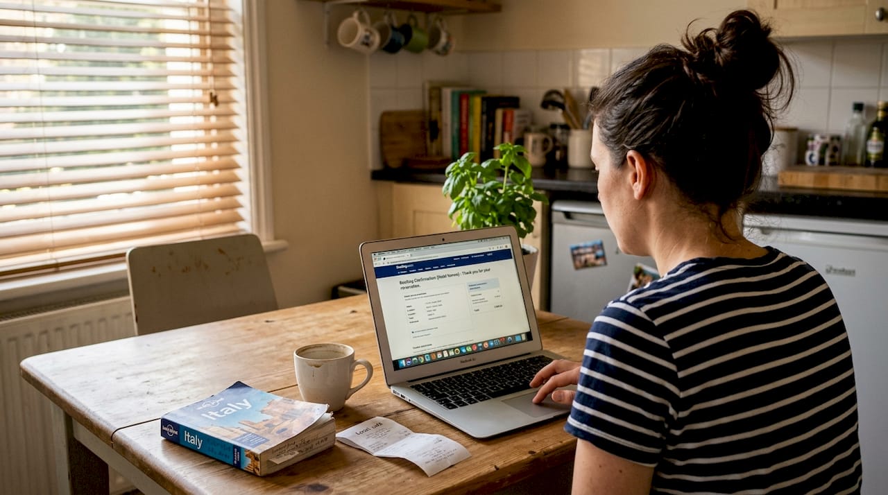 Woman at kitchen table booking hotel online