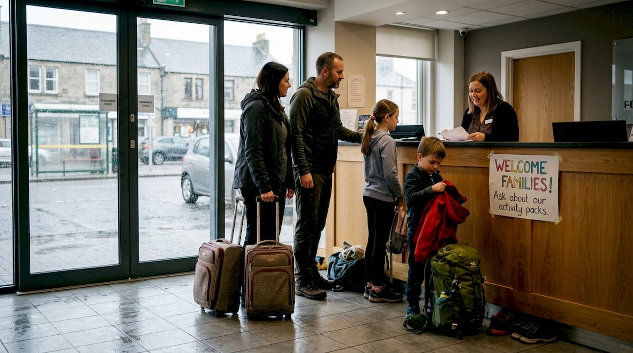Family checking into Elgin hotel lobby
