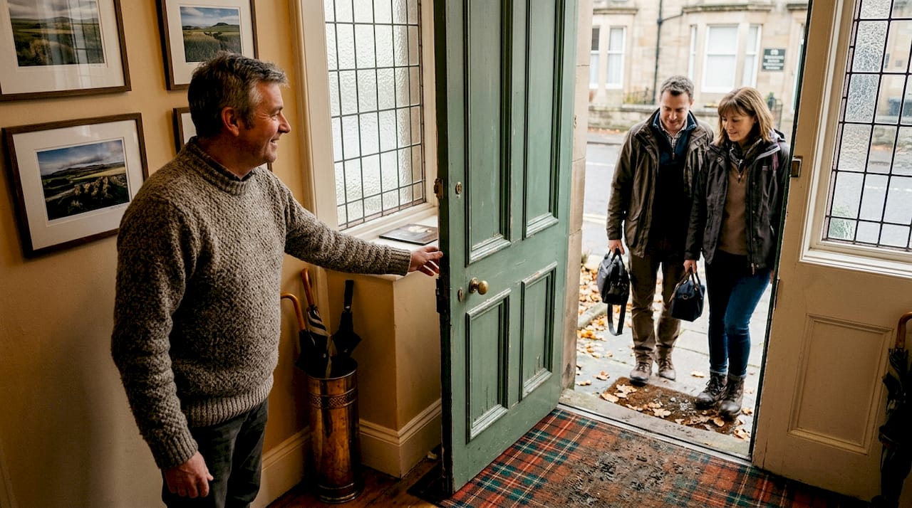 Scottish host welcoming guests to local guest house