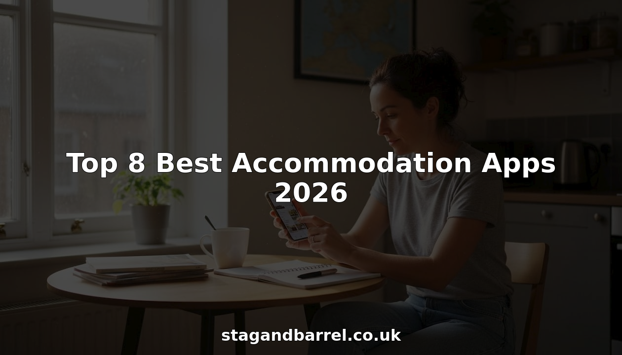 Traveler using accommodation apps at kitchen table