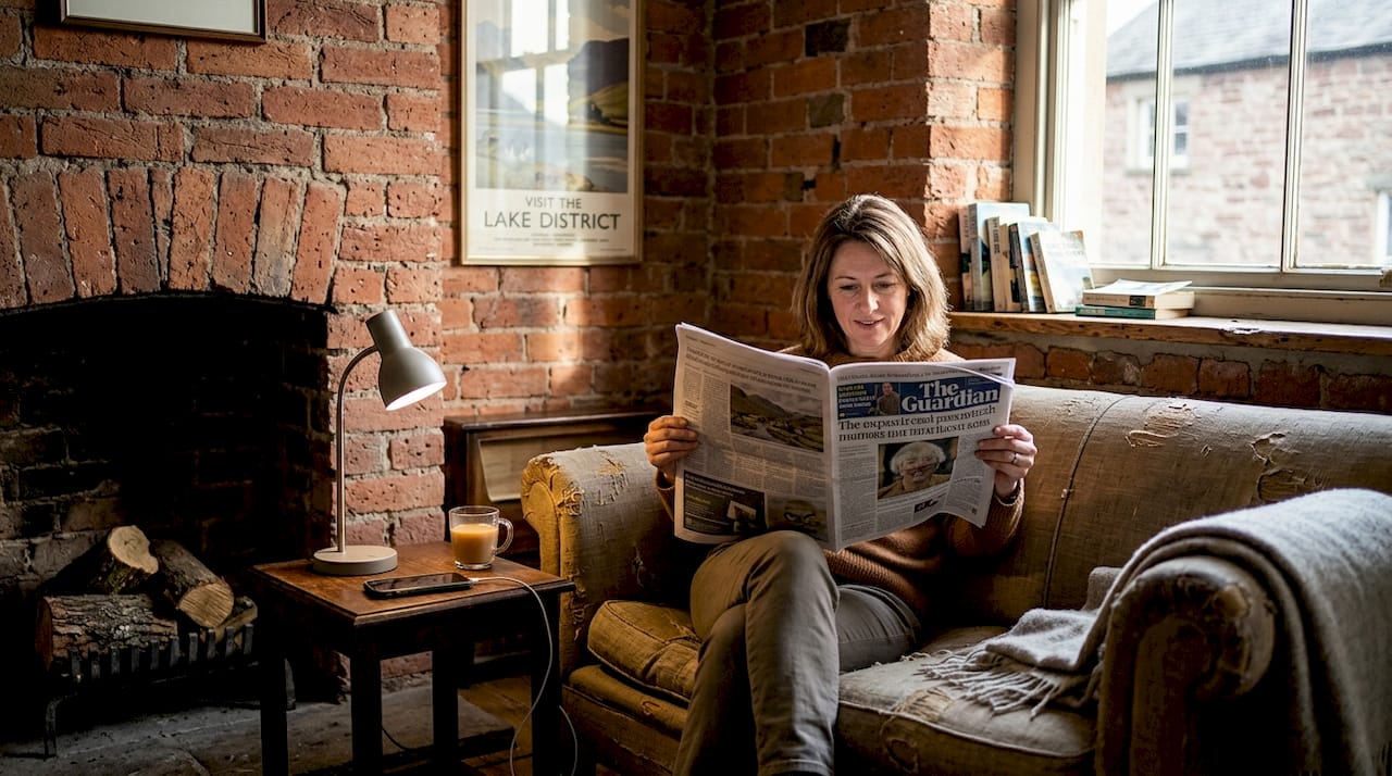 Guest reading in restored heritage inn room