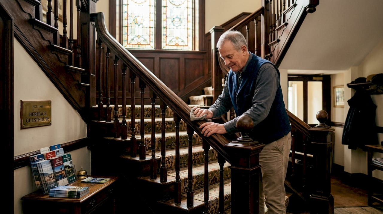 Manager dusting Victorian staircase in guesthouse