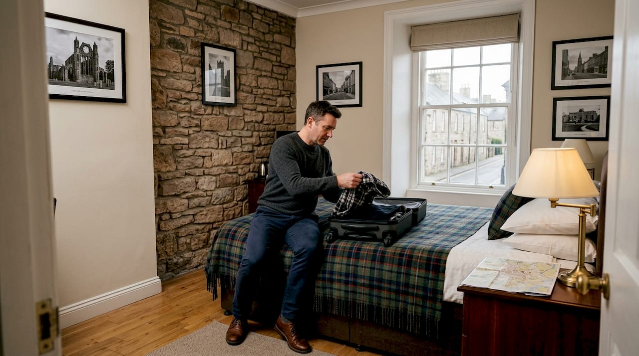 Guest unpacks in room with Elgin character