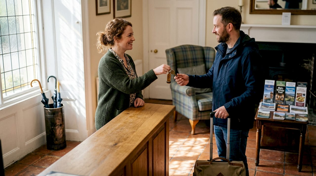 Welcoming check-in at Elgin guesthouse lobby