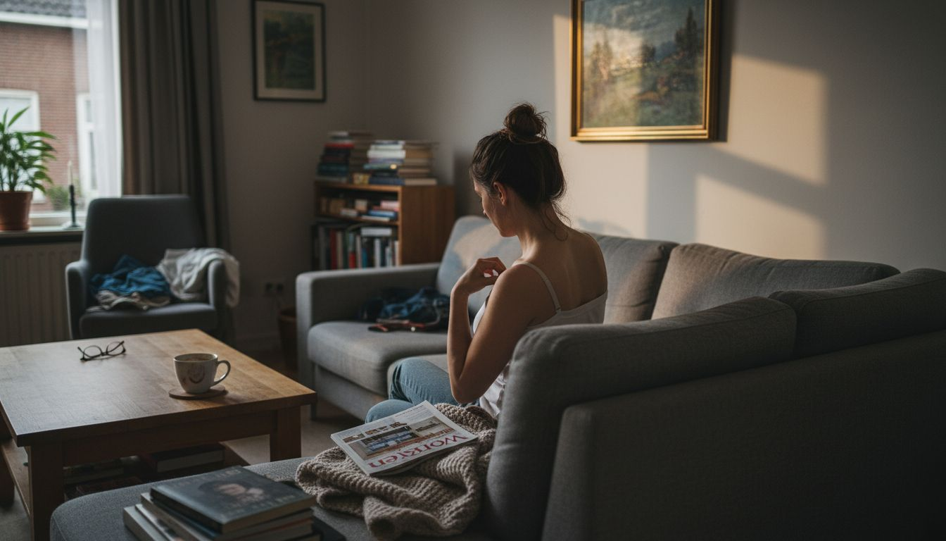 Een vrouw stelt haar bh-bandje bij terwijl ze in de woonkamer staat.