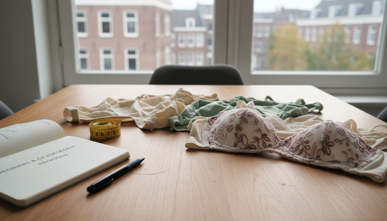 Overzicht van verschillende lingeriestoffen uitgestald op tafel