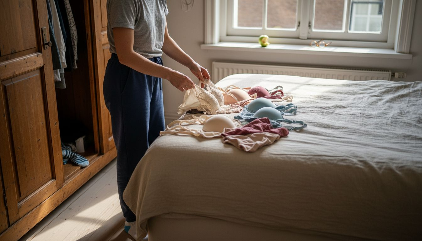 Vrouw staat voor haar kledingkast en kiest welk setje lingerie ze vandaag aantrekt