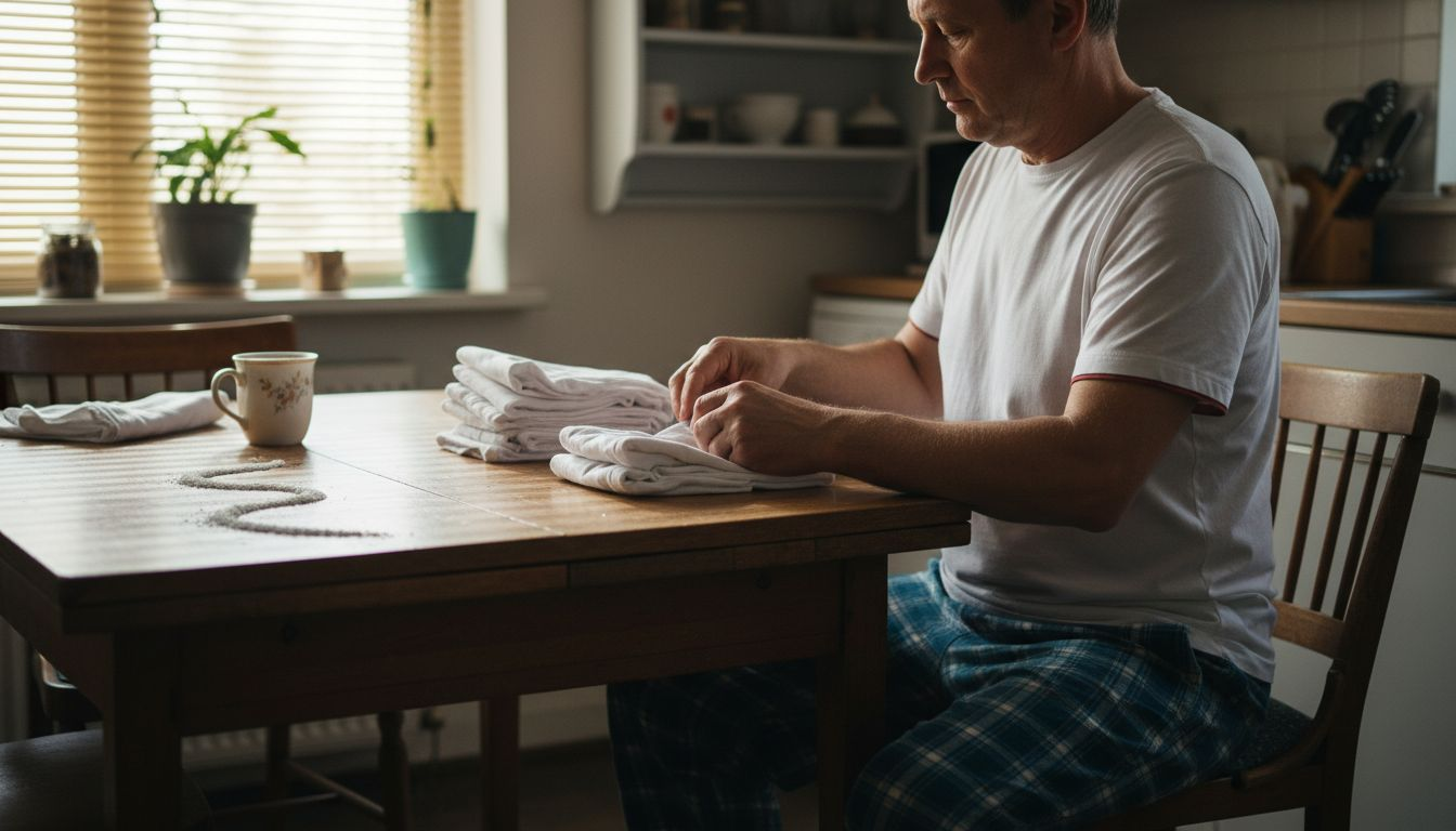 Man zit aan de keukentafel zijn ondergoed te vouwen