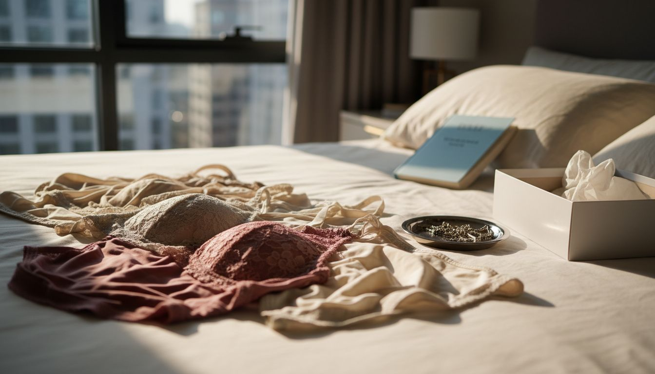 Op het bed liggen verschillende soorten lingerie, elk met hun eigen materiaal en uitstraling.