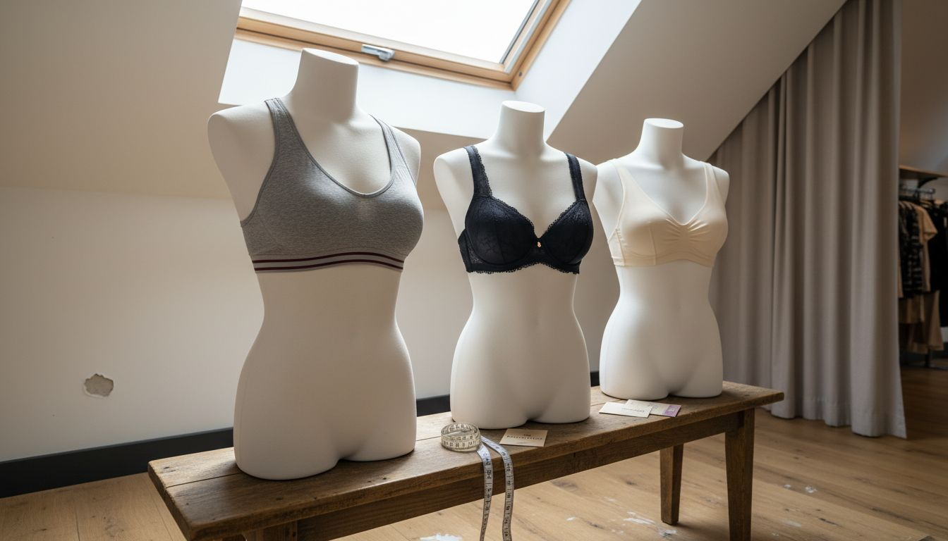 In de winkel laten etalagepoppen zien hoe verschillende bh-modellen zitten.