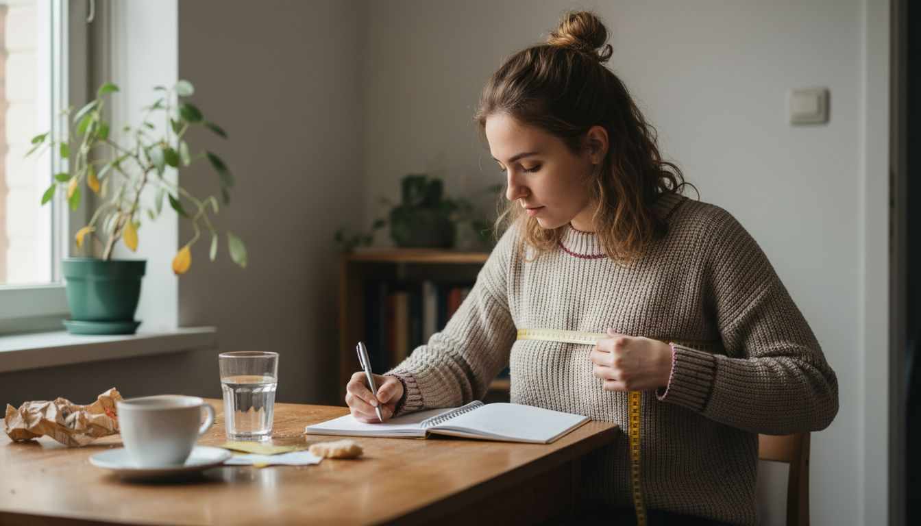 Een vrouw zit aan de keukentafel en meet haar borstomvang op.