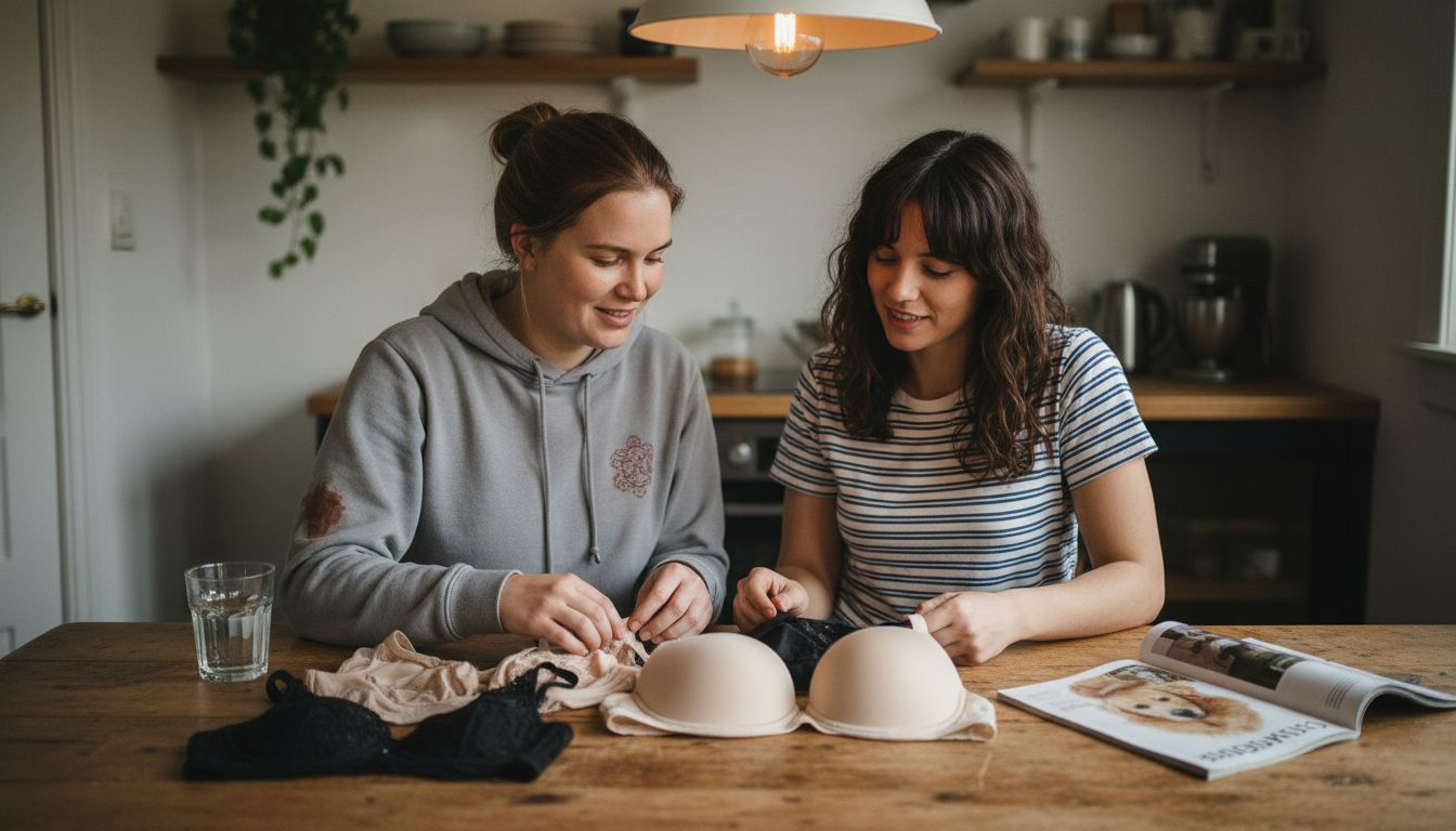 Twee vrouwen bespreken en testen diverse soorten bh’s om te ontdekken welke het beste bij hen past.