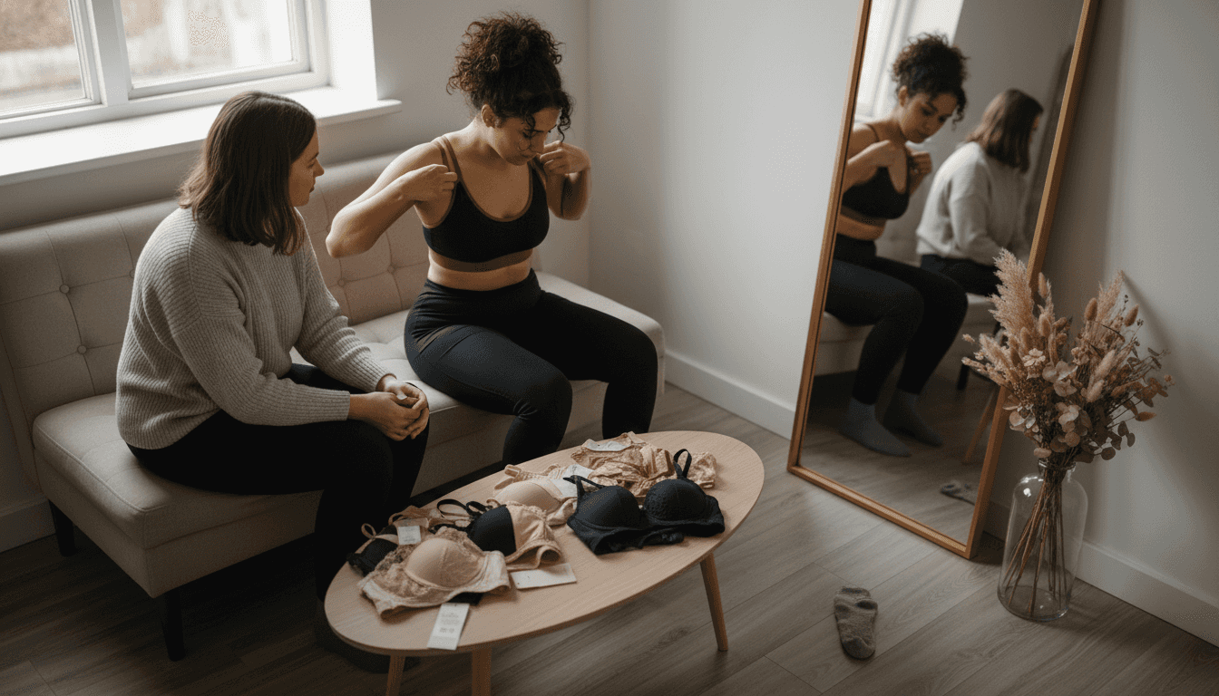 Twee vrouwen passen verschillende bh’s in het pashokje.