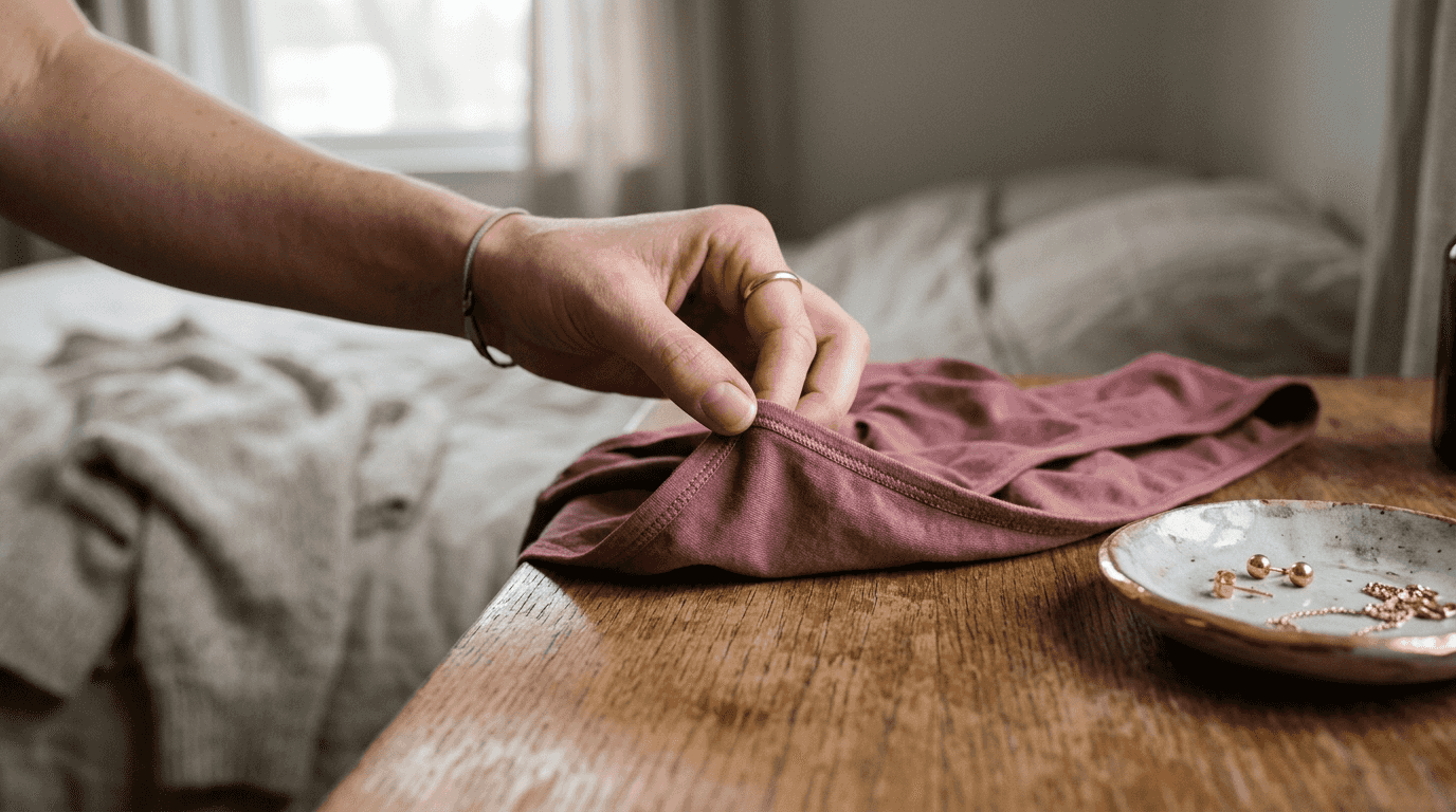 Close-up van een katoenen-modal lingerie stof, mooi uitgestald op een ladekast.