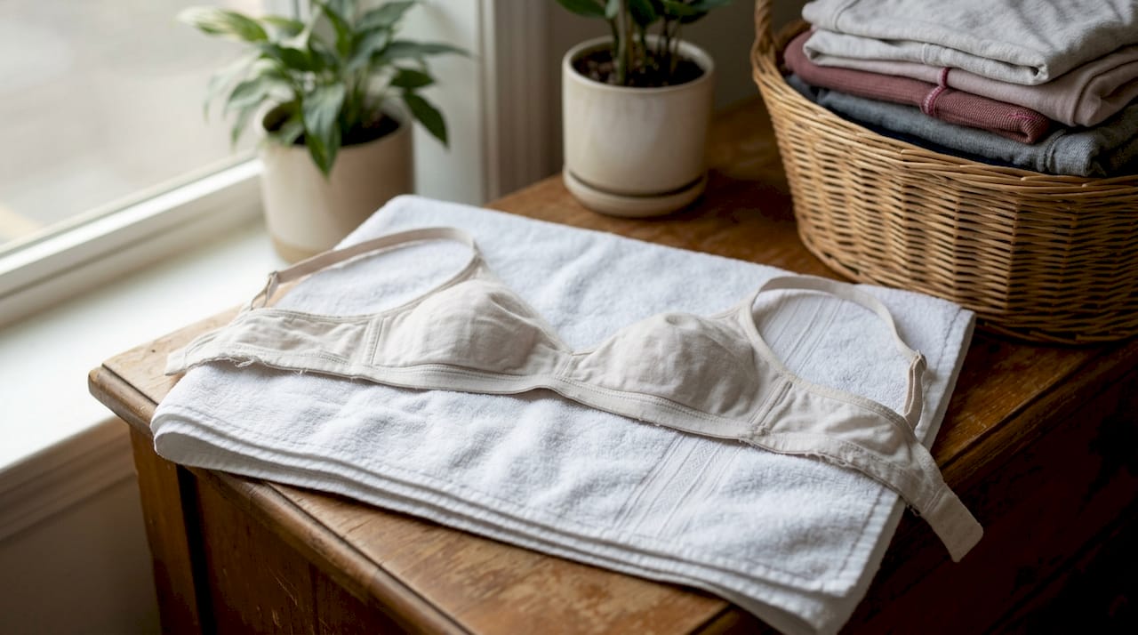 Beha ligt plat te drogen op een handdoek op de kast.