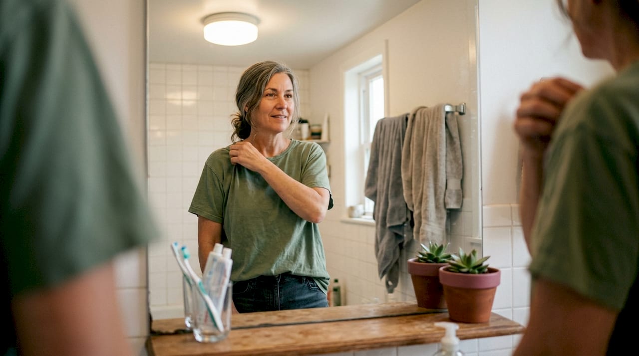 Een vrouw kijkt of de band van haar bh goed zit.