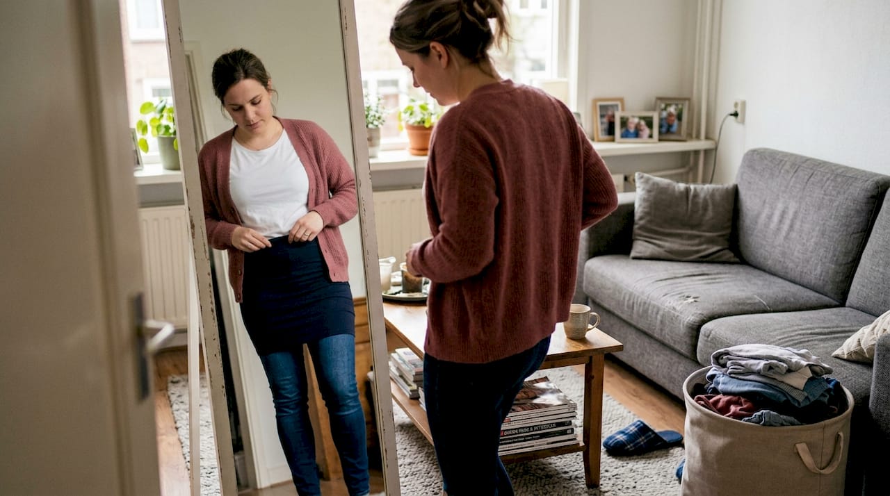 Vrouw bekijkt in de spiegel hoe haar lingerie zit