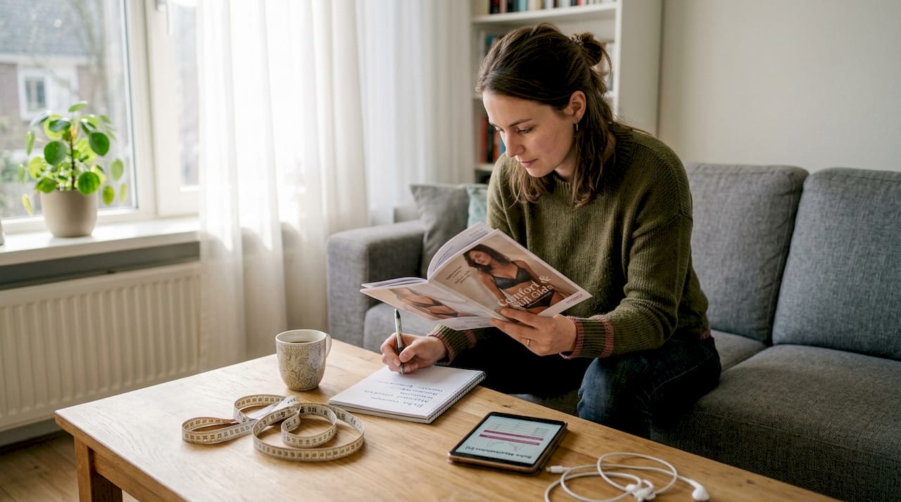Een vrouw zit ontspannen op de bank terwijl ze verschillende lingeriestijlen bekijkt.