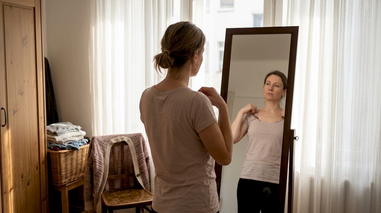 Vrouw kijkt in de spiegel of haar bh-bandjes goed zitten