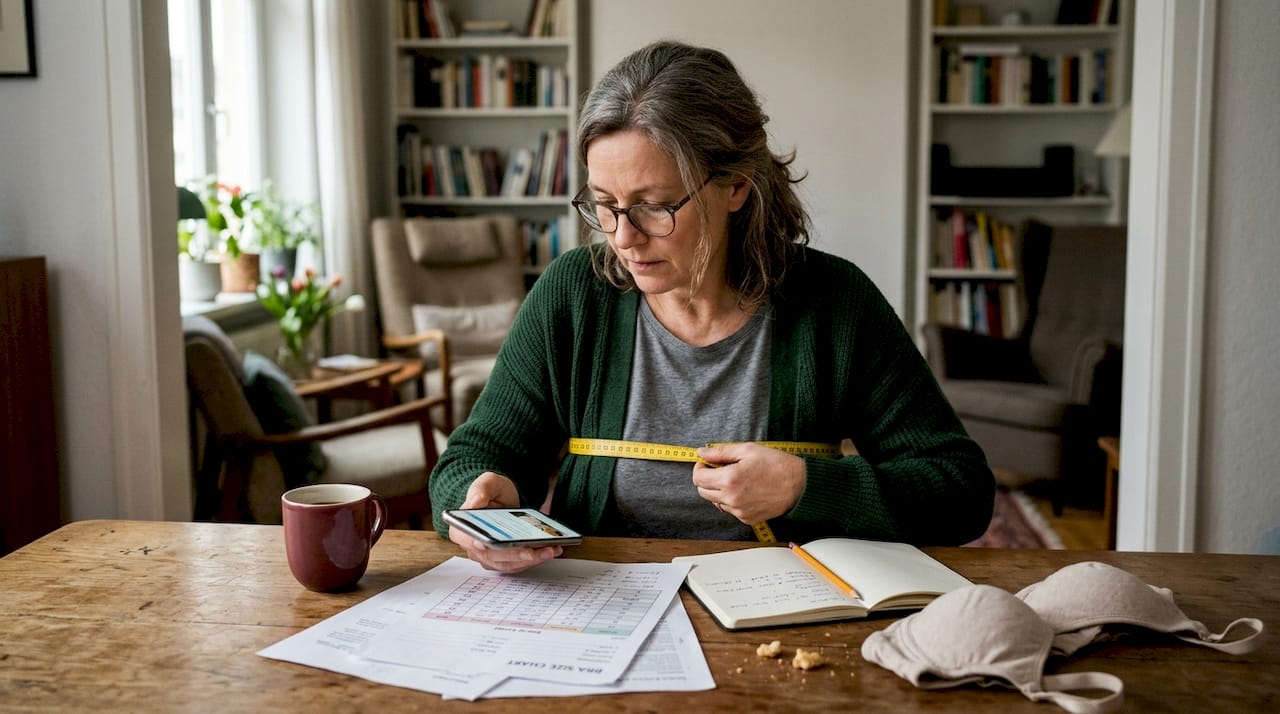 Vrouw bepaalt haar bh-maat met behulp van een maattabel aan de keukentafel