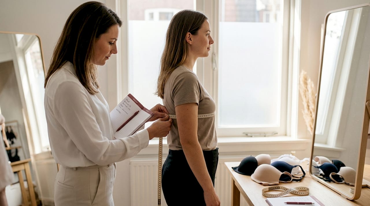 Een lingeriestyliste neemt maten op in de paskamer