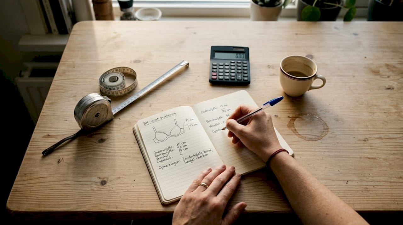 Met het meetlint meet ze haar bh-maat op en schrijft de resultaten netjes op in haar notitieboek.