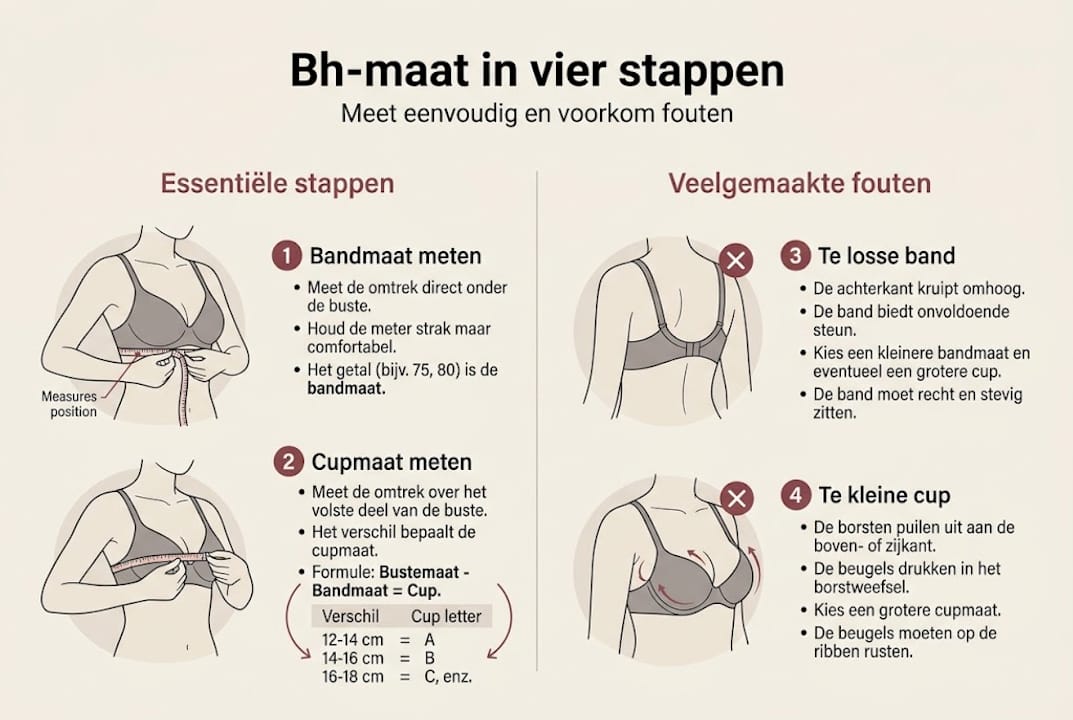 Overzichtelijke infographic: zo bepaal je je bh-maat stap voor stap – plus veelgemaakte fouten om te vermijden.