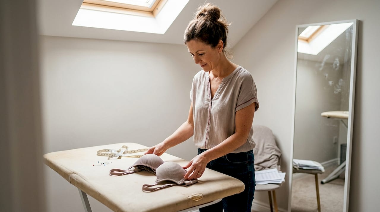 Een lingerieadviseur vergelijkt verschillende cupmaten in de studio