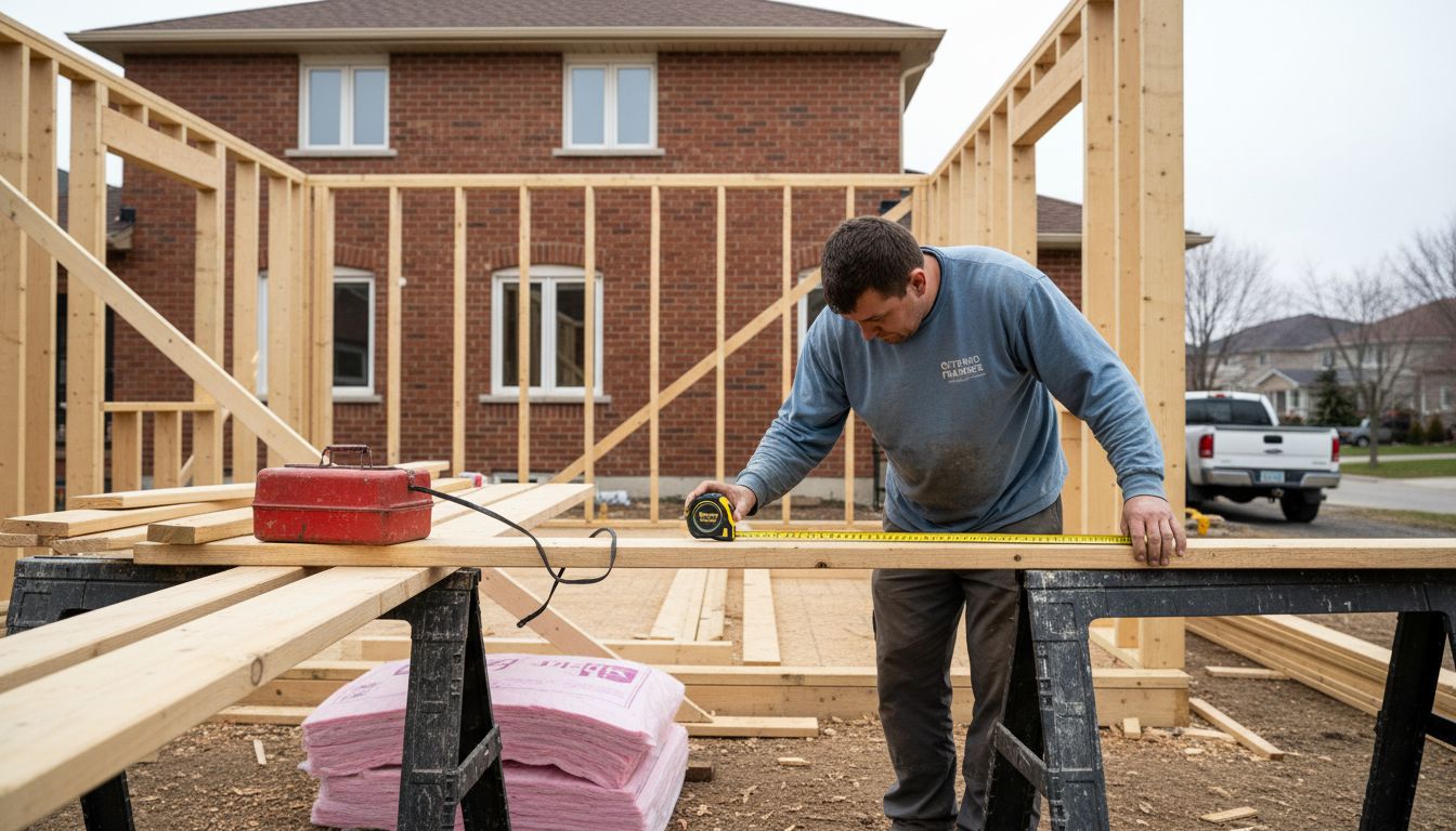 Worker building home addition frame outdoors