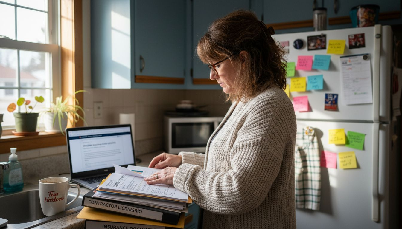 Homeowner checking contractor credentials at kitchen counter