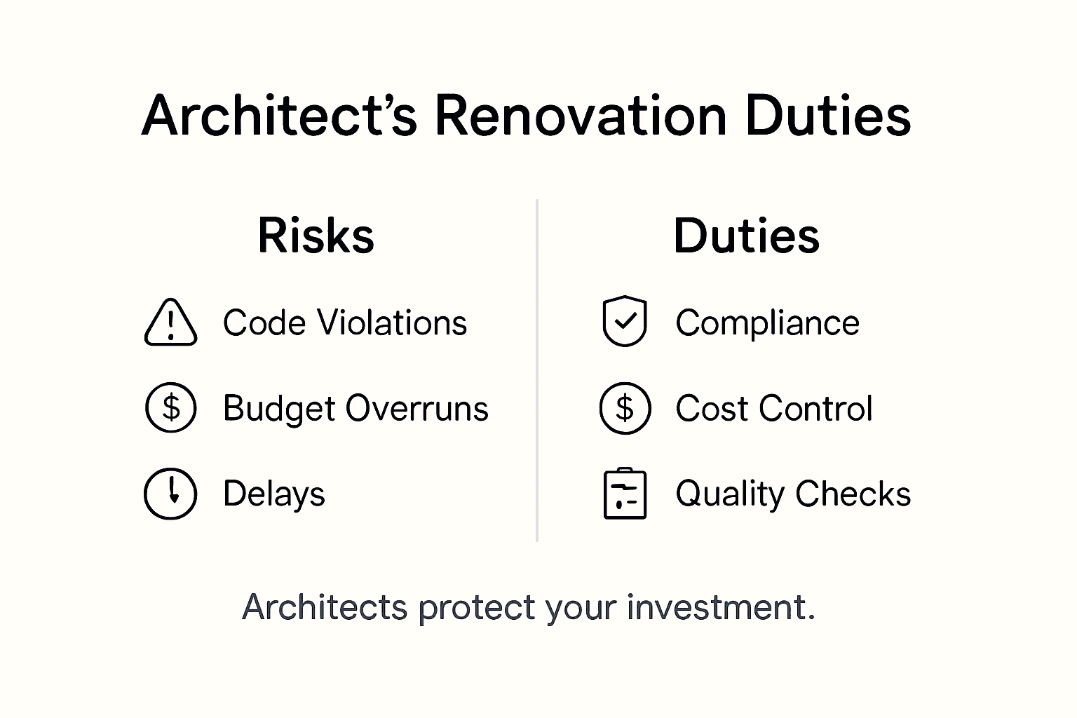 Infographic listing architect renovation risks and duties
