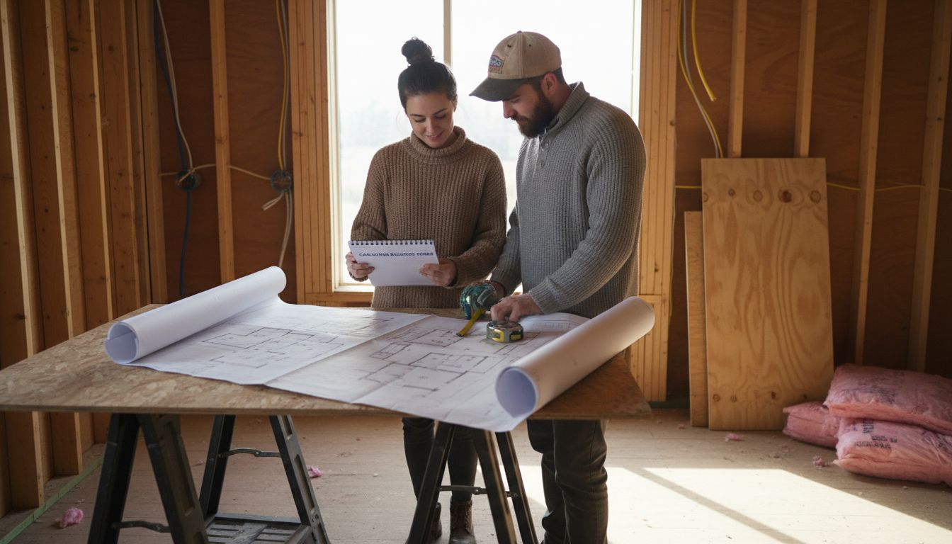 Couple reviewing blueprints during home build