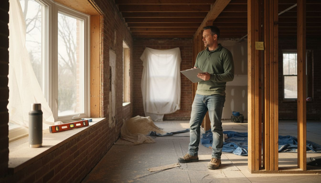 Project manager and builder standing during renovation