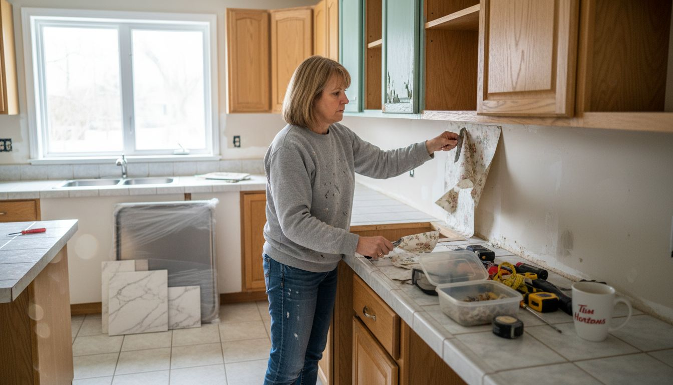 Homeowner working in kitchen under renovation
