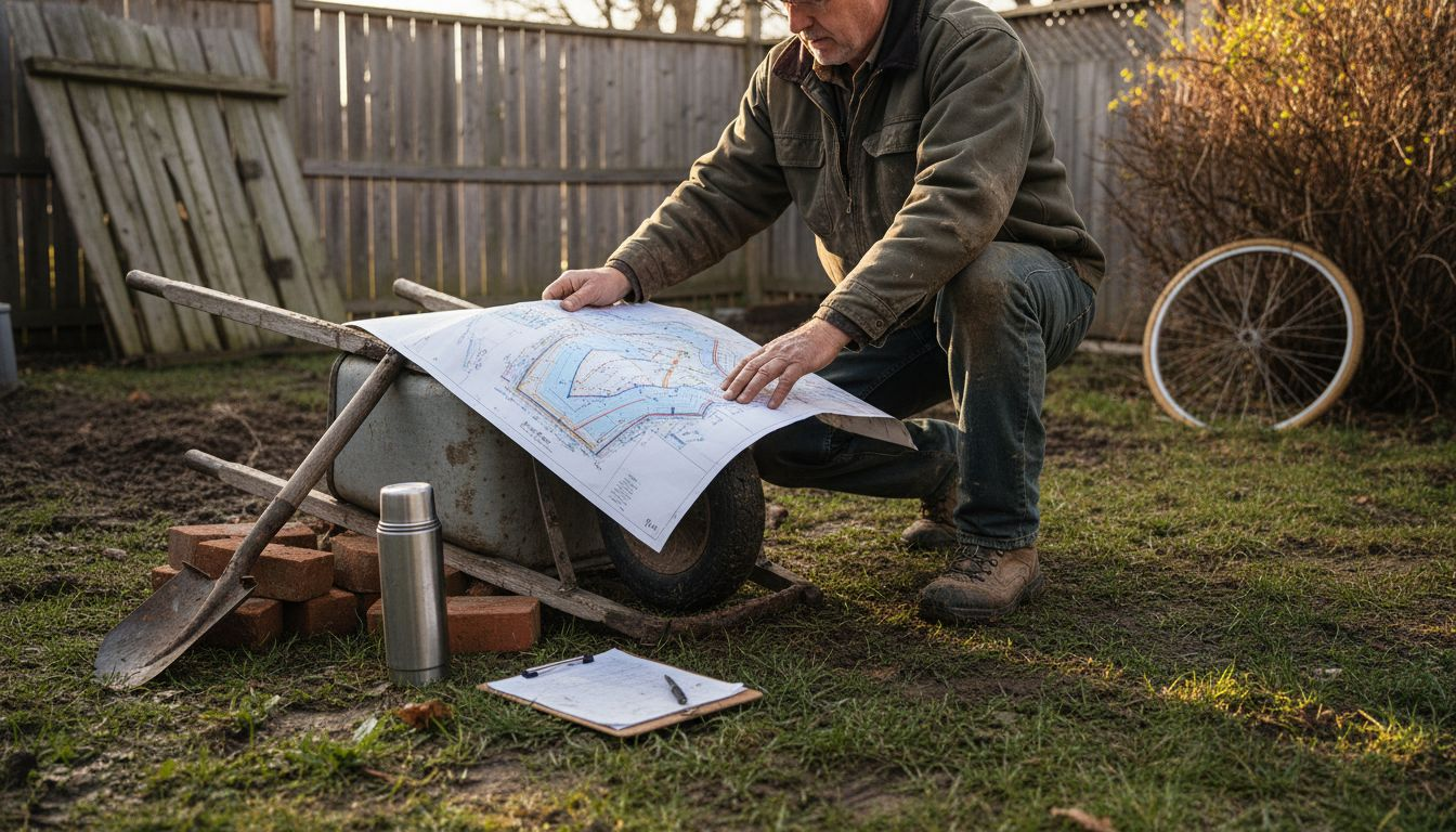 Contractor reviewing site map in backyard