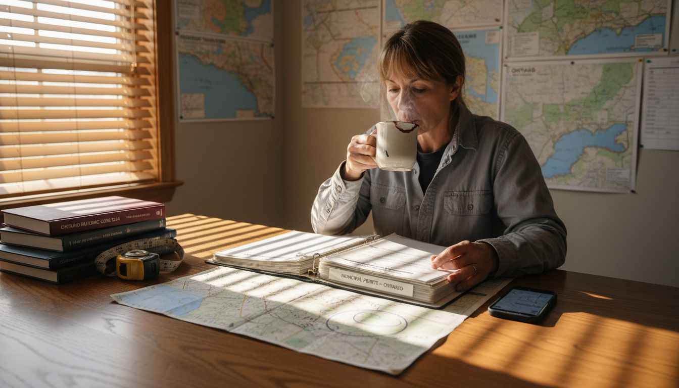 Contractor reviews Ontario permit papers and maps