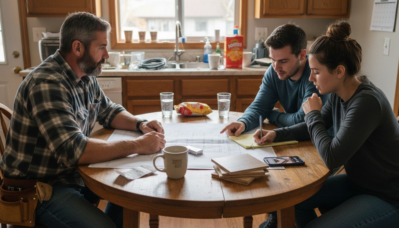 Contractor reviews blueprints with couple at table