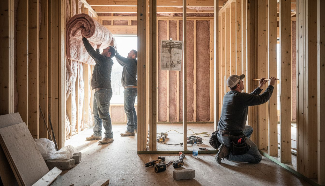 Builders installing insulation in Durham house