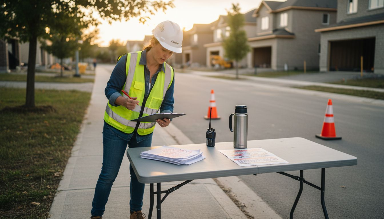 Manager reviewing permits at residential construction site