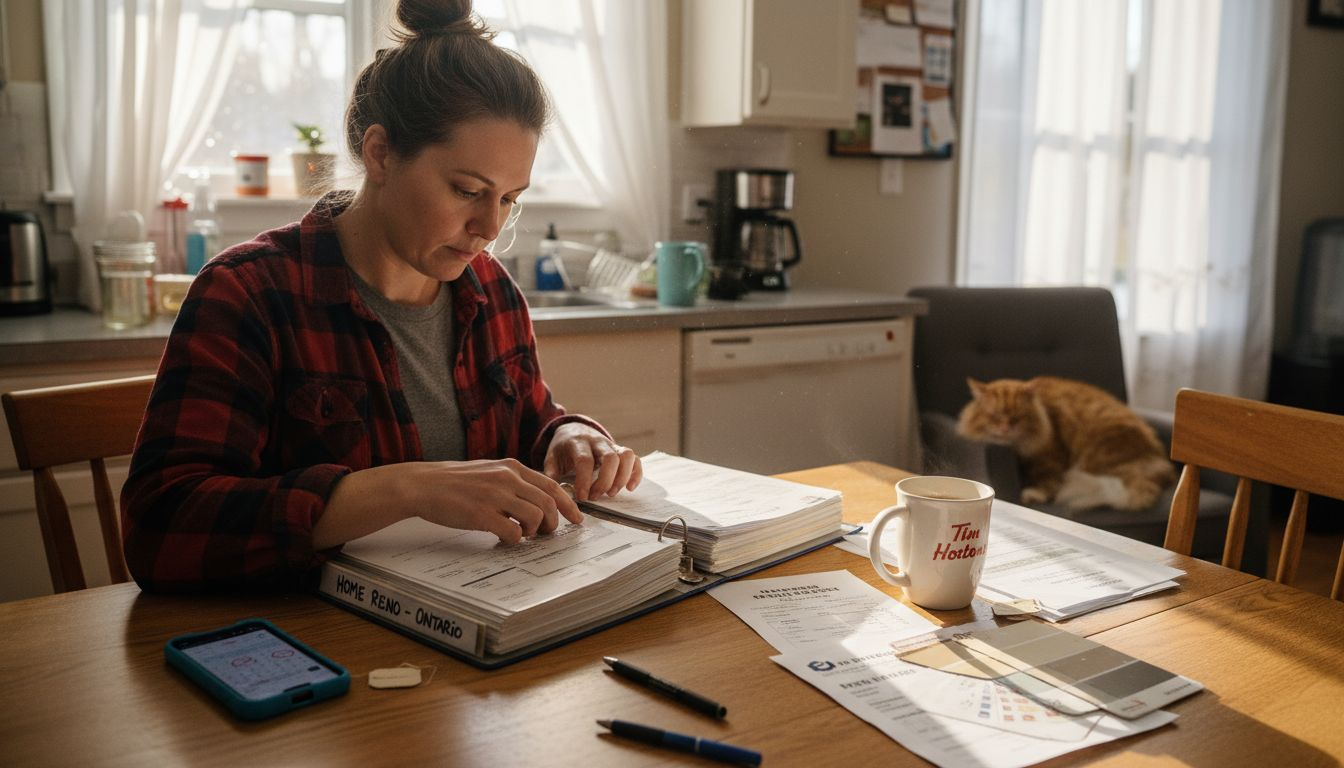 Woman organizing renovation project binder paperwork